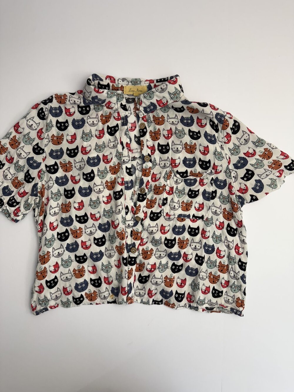 Love Notes Cat Print Short Sleeve Button Up Shirt (129_N)